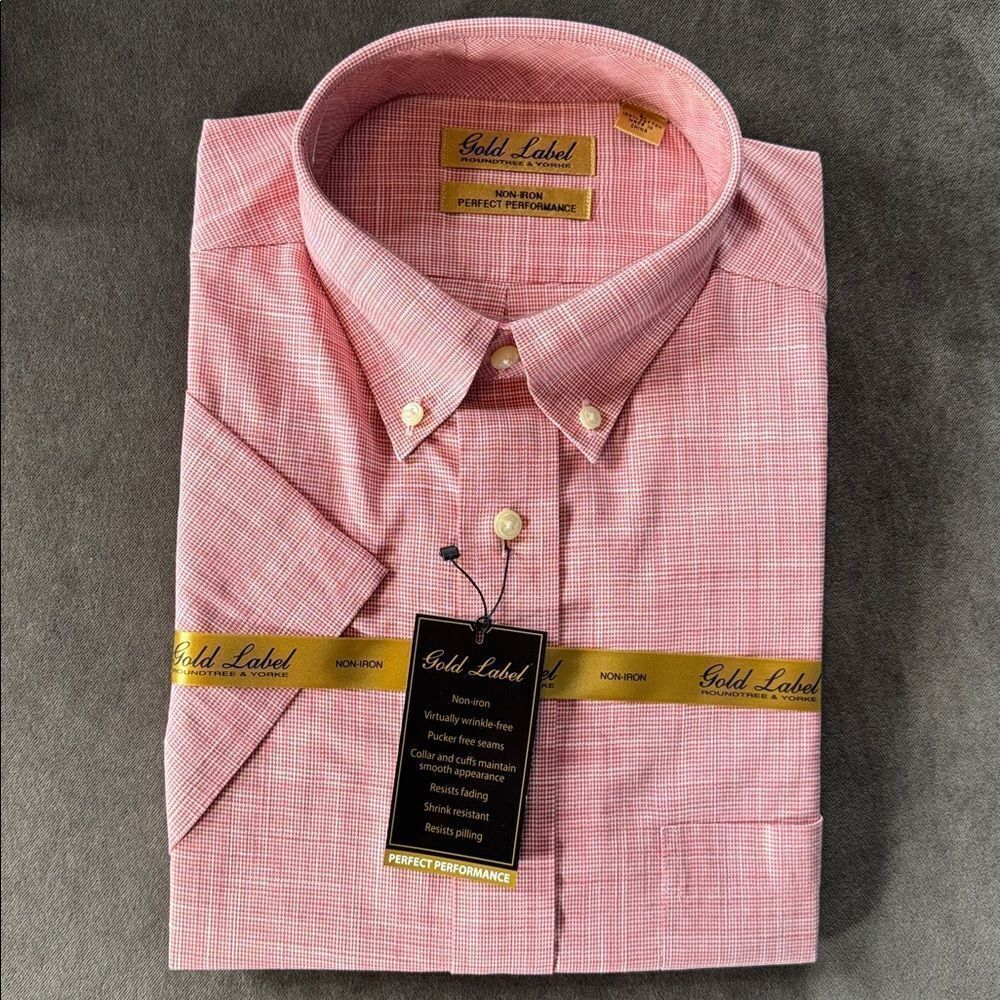 Roundtree & Yorke Gold Label Red Check Short Sleeve Button Up Shirt Non-Iron L